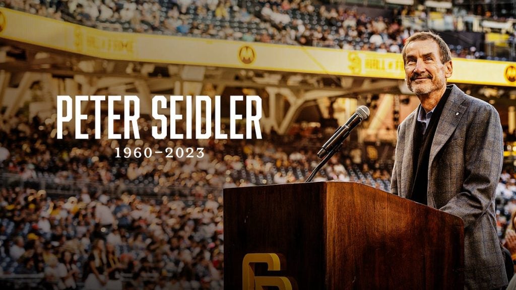 San Diego Padres owner Peter Seidler standing at a podium at Petco Park