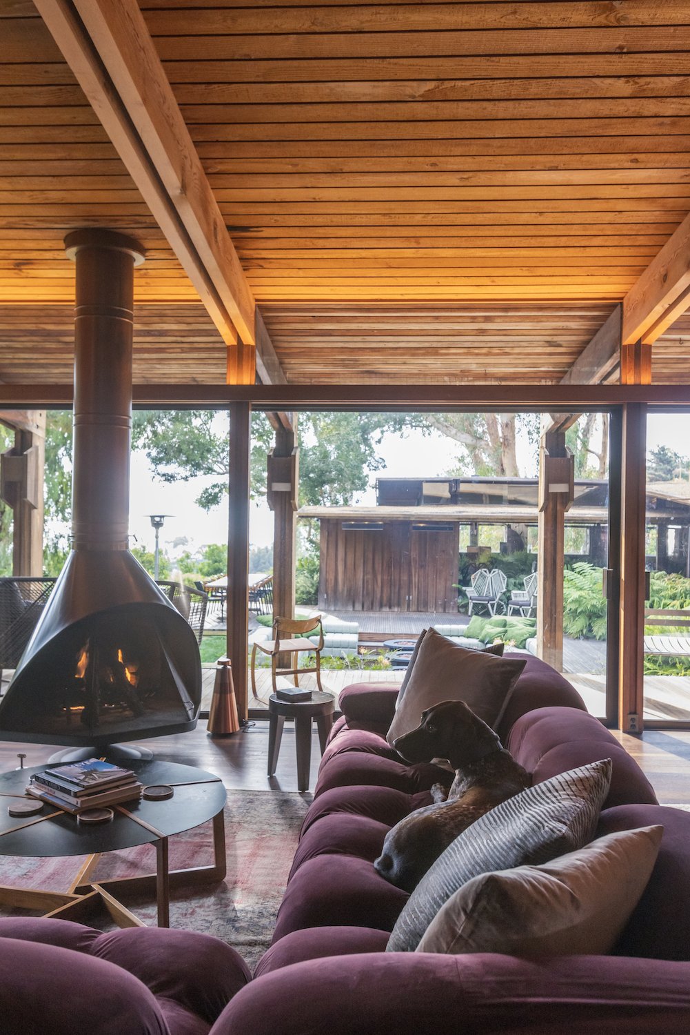 Interior of San Diego designers Paul Basile and Jules Wilson's La Jolla home featuring their dog on a couch infront of a mid-century fireplace