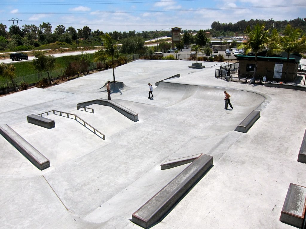 Aerial view of Rnacho Penasquitos Skate park near Mira Mesa, San Diego featuring skaters in the park section