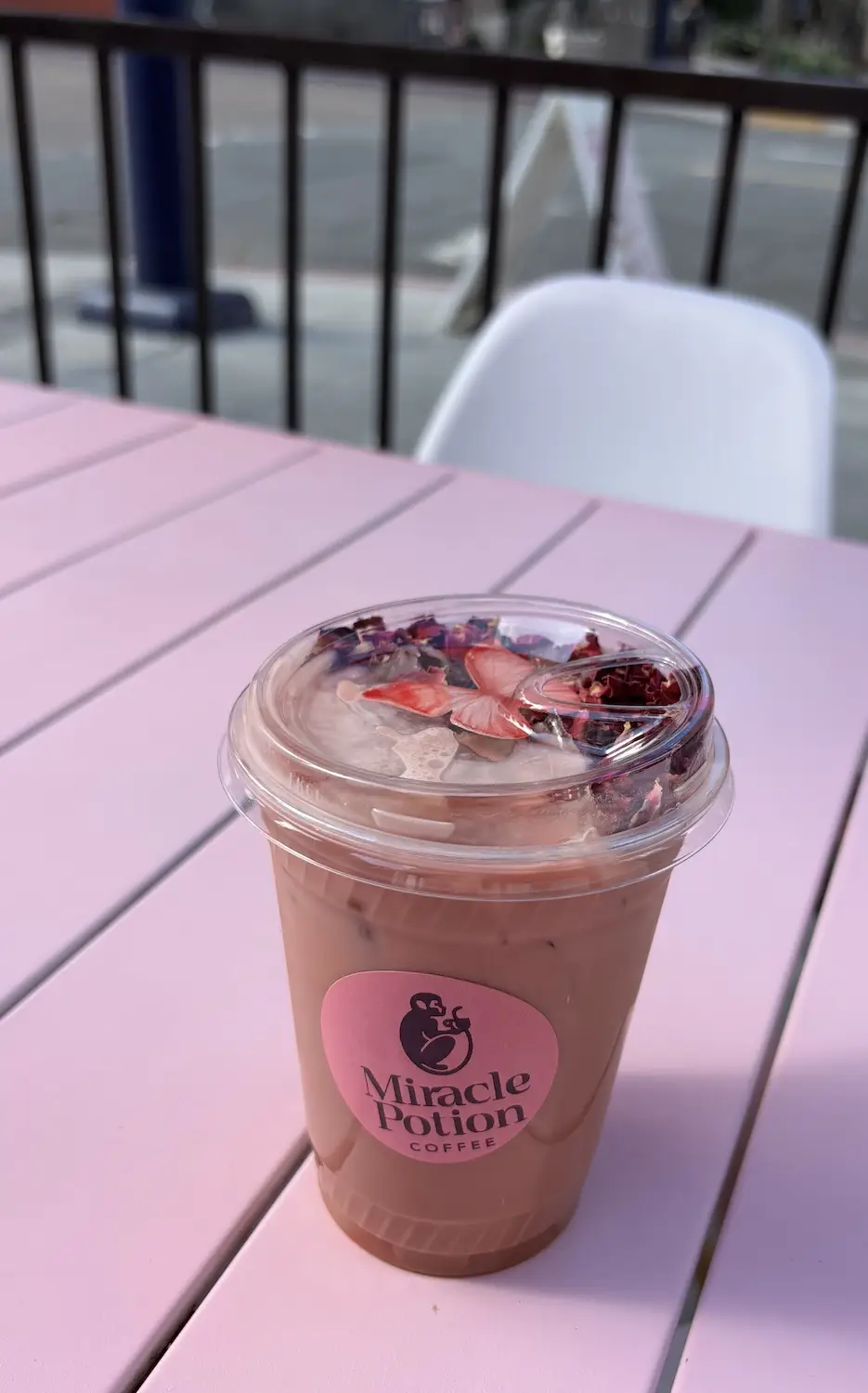 Iced Pink Miracle Coffee Latte from San Diego coffee shop Miracle Potion Coffee in downtown
