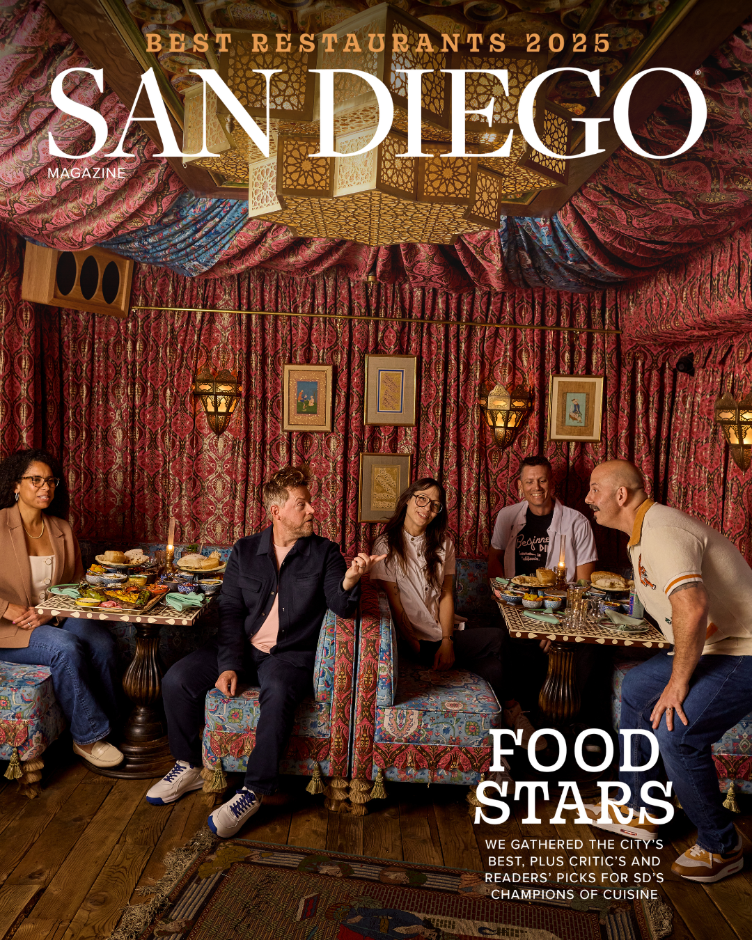 San Diego Magazine's 2025 Best Restaurants Edition cover shoot featuring (L-R): Alicia Perry – CH Projects, Richard Blais – Ember & Rye/ California English, Charleen Sandoval – Born and Raised, Ted Smith – Starlite, and Anthony Schmidt – CH Projects
